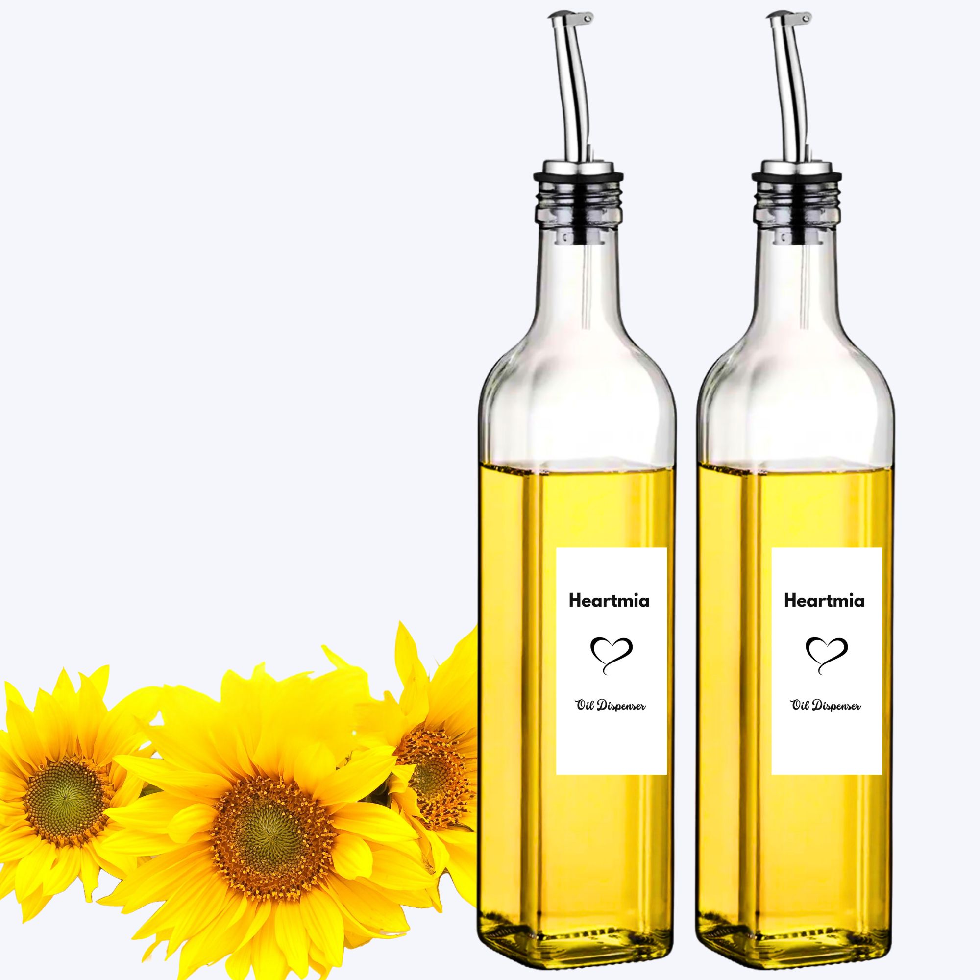 Heartmia 500ml Glass Oil Dispenser Bottle with Stainless Steel Leak-Proof Cork, Oil & Vinegar Bottle, 2 Piece Set